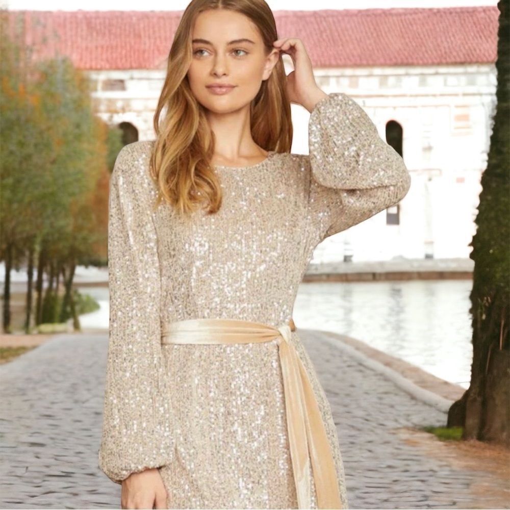 Champagne Sequin Dress with Balloon Sleeves and Velvet Sash Size XL